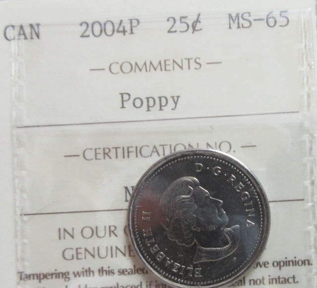 2004 Canada Poppy Quarter Coin ICCS MS 65 Twenty-Five Cents UNC 25 Cents