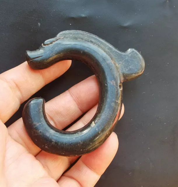 Carved Dragon Black jade stone pendant link,Chinese ancient amulet necklace bead
