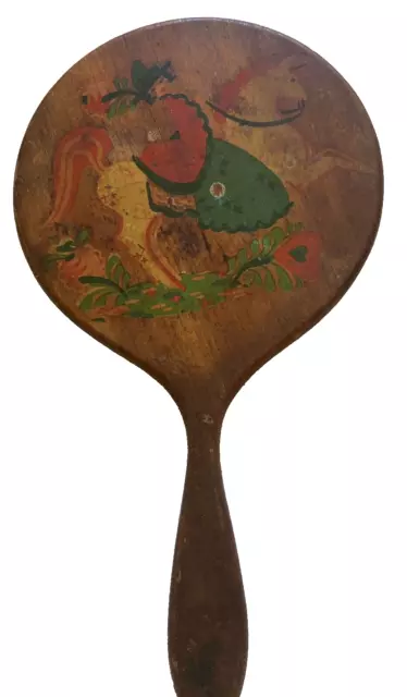 Lovely Vintage Hand Painted Wood Hand Held Mirror # 4925