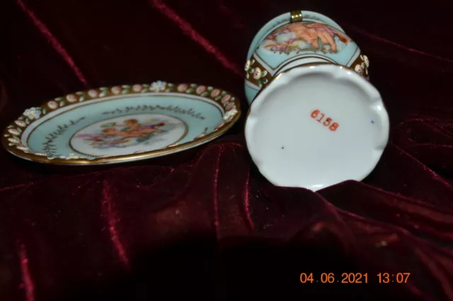 Victorian 19c Hand Painted Floral & Cherubs Inkwell with matching plate 3