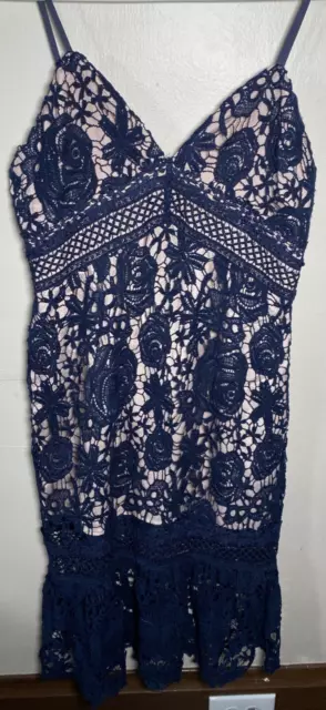 Ark N Co Womans Mini Dress Large Blue Floral Chiffon Lace Sleeveless Coastal