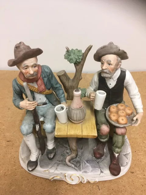 Porcelain Ornament Men Sat At Table Drinking