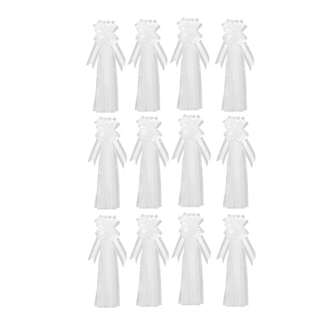 Lot De 12 Nœuds Blancs Pour Voiture De Mariage - Décoration Polyester Avec Cœurs - Pour Antenne, Rétro, Poignée - 2