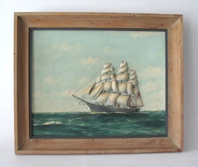 Vin. 3-Dimensional Wood Carved Diorama Sailing Ship "Red Jacket" Camden, Maine