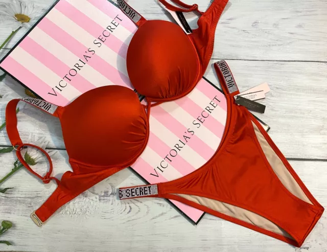VICTORIA'S SECRET SHINE Strap Swim Bombshell Push-up Set Pink Thong add 2  cups $166.63 - PicClick AU