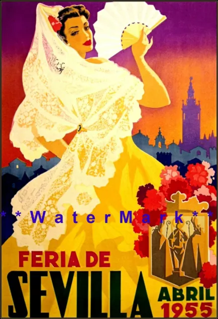 Sevilla Spain 1955 Seville Fair Vintage Poster Print Retro Style Travel Art