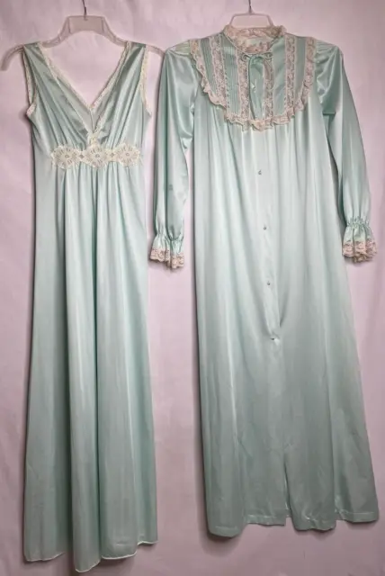 Vtg Nightgown & Robe Petite Green Nylon 70s Sans Souci Silky Peignoir Set
