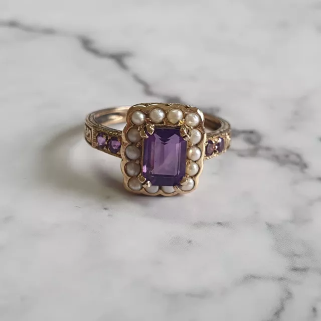 9ct Yellow Gold Amethyst and Pearl Georgian Style Ring- size N 1/2