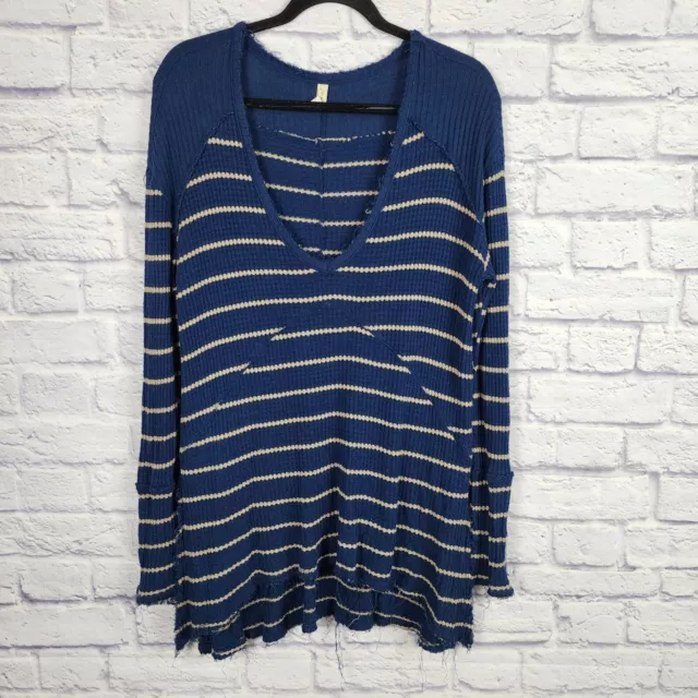 Free People Sunset Park Women's Size Small Navy Blue Striped Waffle Knit Top