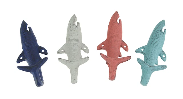 Zeckos Set of 4 Cast Iron Shark Tail Wall Hooks