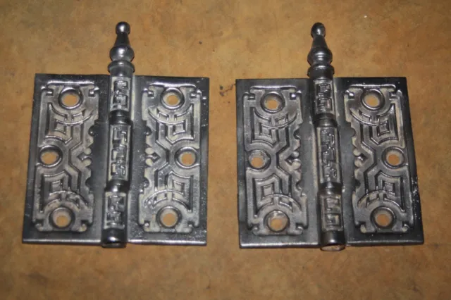 Matched Pair Cast Iron Antique Ornate Eastlake Victorian Steeple Pin Door Hinges