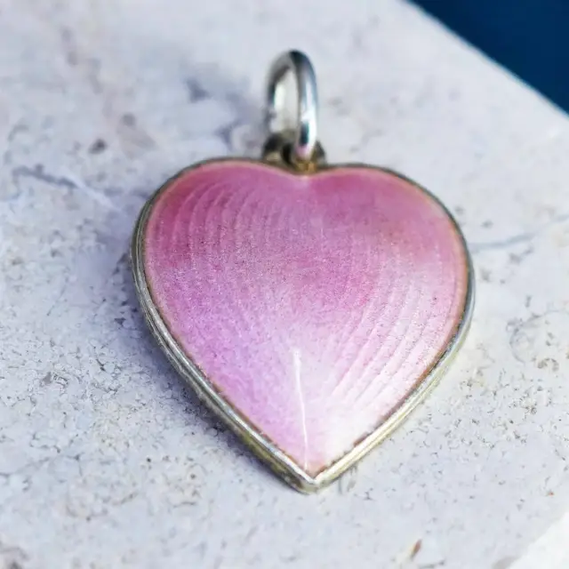 Antique OPRO Sterling silver handmade pendant, 925 heart with pink enamel