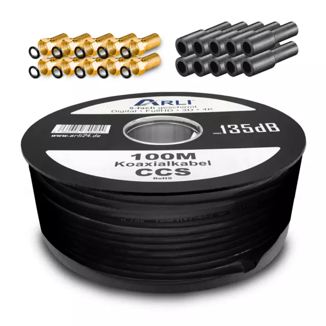 100m Koaxialkabel 135dB schwarz Sat Kabel HD 10 x F Stecker Gummitülle TV 4K 8K