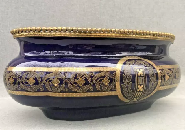 Antique french Sarreguemines planter 1930-40's ceramic gilded bronze