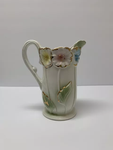 Vintage Pitcher Porcelain Floral Gold Motif Hand Painted 8 3/4" Tall Taiwan