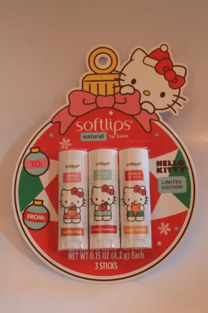 Softlips Hello Kitty 3-Pk Natural Lip Balm Vanilla Chai Cranberry Sugar Cookie