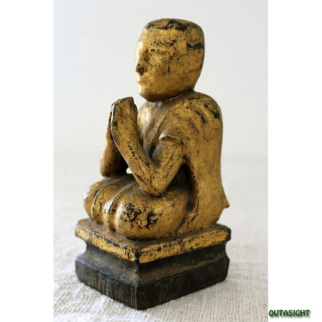 Wood carving monk Myanmar Burma Lacquered Gold Antique 19th century
