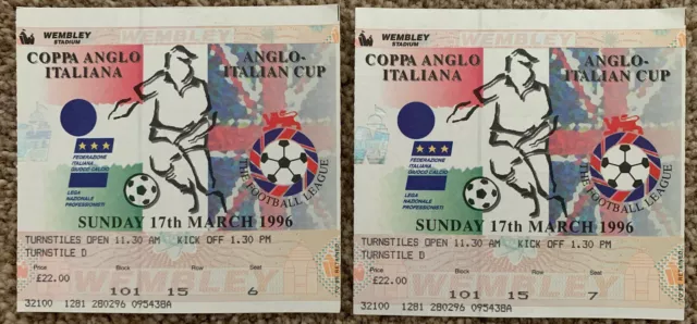 Genoa v Port Vale Anglo Italian Cup Final March 1996 Ticket Stubs X 2