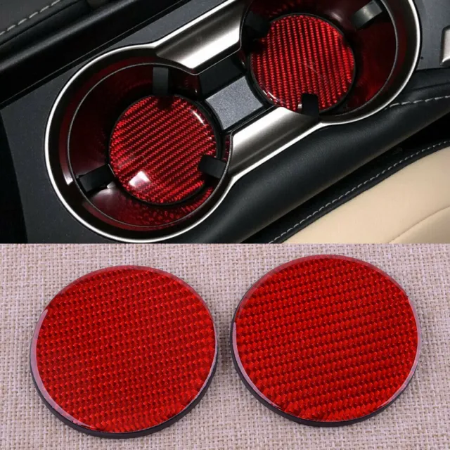 2pc Red Carbon Fiber Water Cup Holder Mat Cover Trim Universal 7cm