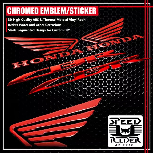 3D Wing Decal Sticker+Logo Fairing/Fender Emblem For Cbr 600/900/1000 Chrome Red
