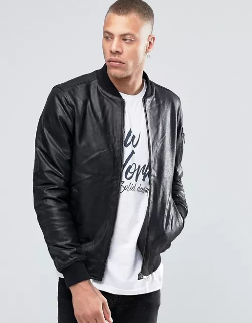 Black Leather Jacket Men Flight Bomber Pure Lambskin Size S M L XL XXL Custom