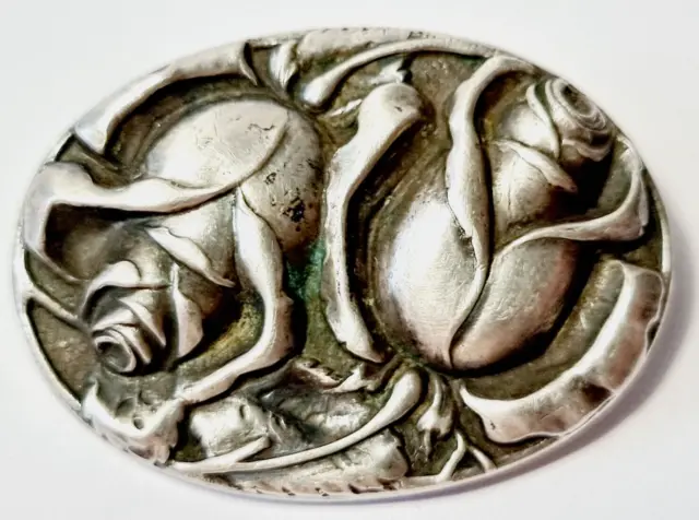 D0311 - Große 800er Silber Brosche - plastische Rosen - Jugendstil Antikschmuck