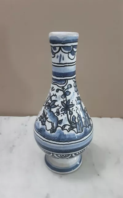 Berardos Pottery Handpainted Blue & White Vase. Portugal 8"