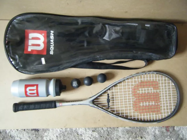 "WILSON POWER TITANIUM" Squash Racket with Cover, Bottle & Balls. Used condition