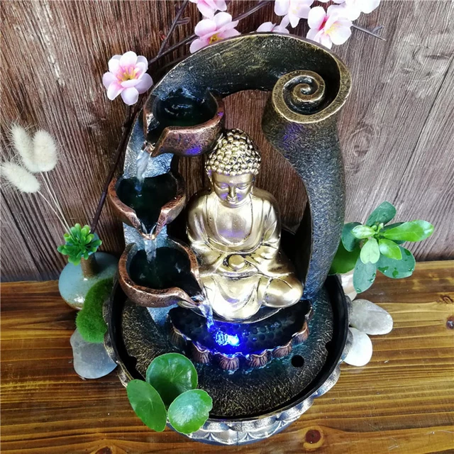 Buddha Tabletop Fountain with LED Light Waterfall for Home Office Decoration