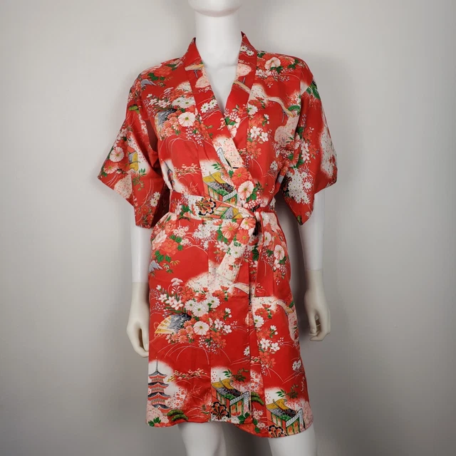 Vtg Japanese Kimono Short Size M Red Graphic Print Pagoda Traditional Polyester