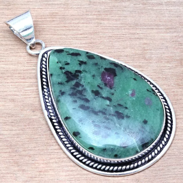 925 Silver Ruby Zoisite Gemstone Mother's Day Gift Ethnic Jewelry Pendants 2.25"