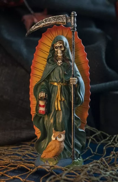 Standing Green Santa Muerte Skeleton With Scythe Hourglass And Wise Owl Figurine