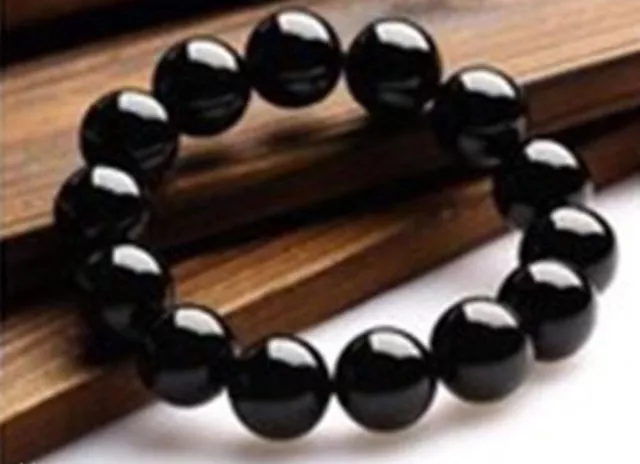Huge Natural 12mm Black Agate Onyx Round Gemstone Beads Stretch Bracelet 7.5''