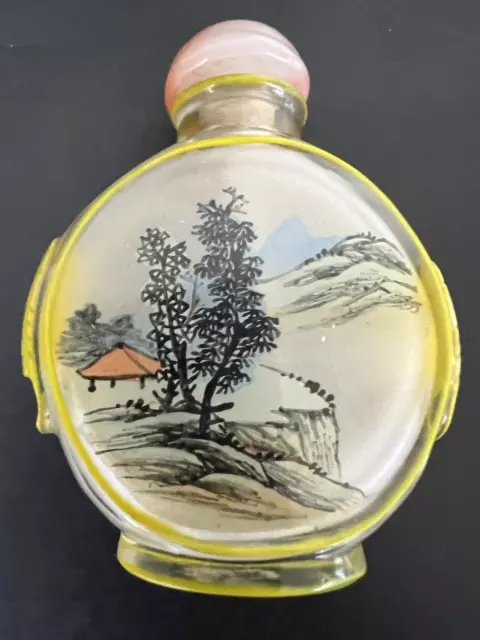 3" Old VTG Chinese Reverse Painting Landscape Yellow Glass Snuff Bottle Good Con