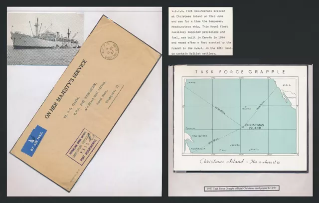 1957 Christmas Island Cover Vsis Ship Temporary Hq Atom Bomb Test & Xmas Card