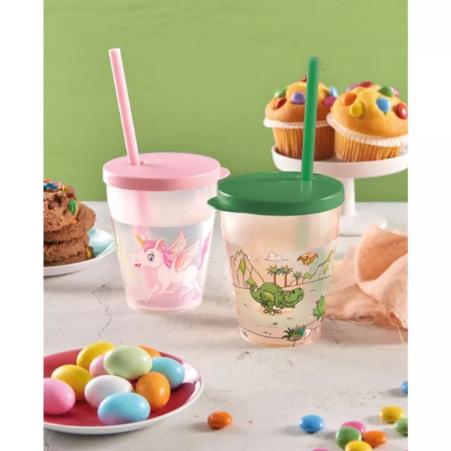 12 Stück Kinder-Trinkbecher 385ml mit Deckel & Trinkhalm Kindergeburtstag 12x