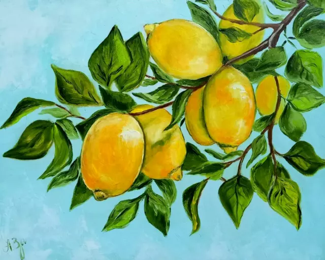 Original Oil Lemon Tree Painting Citrus branch Artwork Lemon Fruit Art 8x10