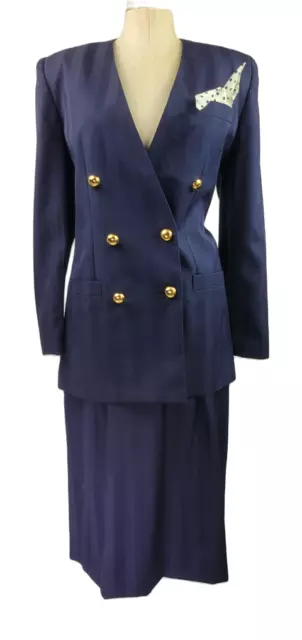 WORTHINGTON Womens 2PC Vintage Navy Blue double breasted Blazer Skirt Suit Sz 14