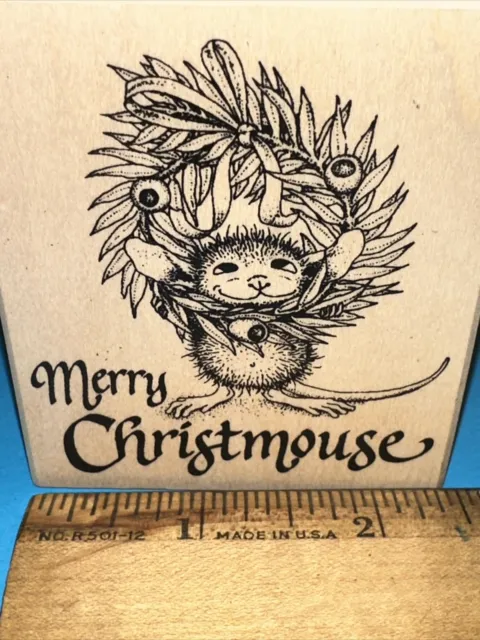 House Mouse! Vintage Wood Mounted Rubber Stamp Merry Christmouse (Monica) 2001