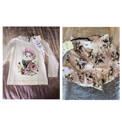 Monnalisa Bianca Mouse Outfit Set White Top 6 & Pink Floral Velvet Shorts 7 NEW