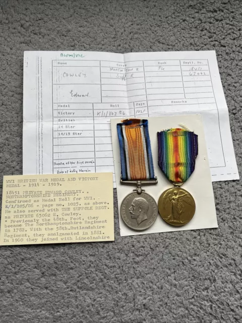 Ww1 Pair  Medals   - Cowley - Northamptonshire Reg -  Ref 816