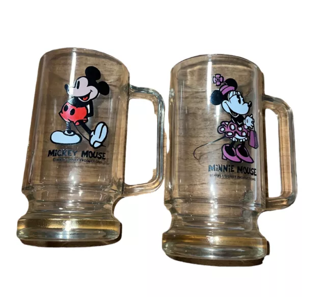 Walt Disney Set of Mickey and Minnie Mouse Clear Glass Beer Handled Mug Cup