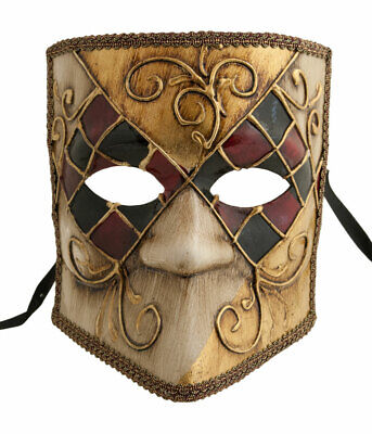 Mask from Venice Bauta Checkerboard Black Ecru Golden Red Carnival Venetian 1175