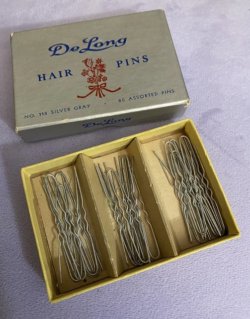 Vintage Box W/ New Silver Gray Hair Pins By DeLong For French twist Chignon Bun