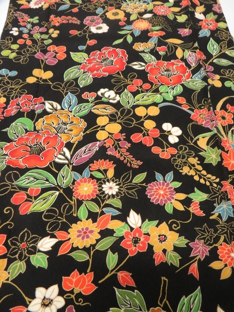 4J05z90  Japanese Kimono Silk  FABRIC Flowers Black 64.6x13.0