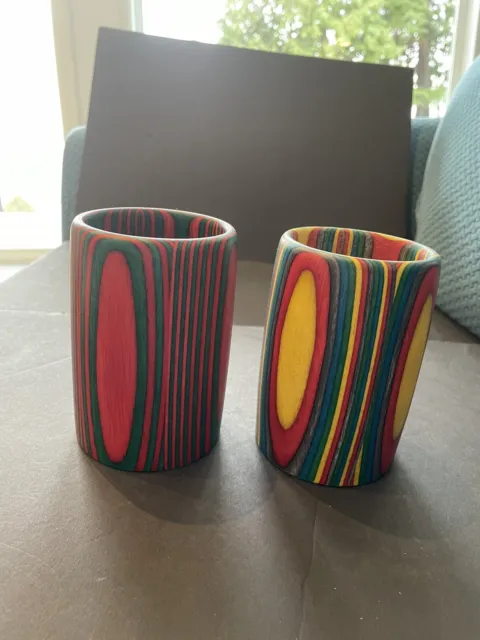 Beautiful Set 2 Hand Crafted Wooden Round Colored Cups By Fairweather Woodshop