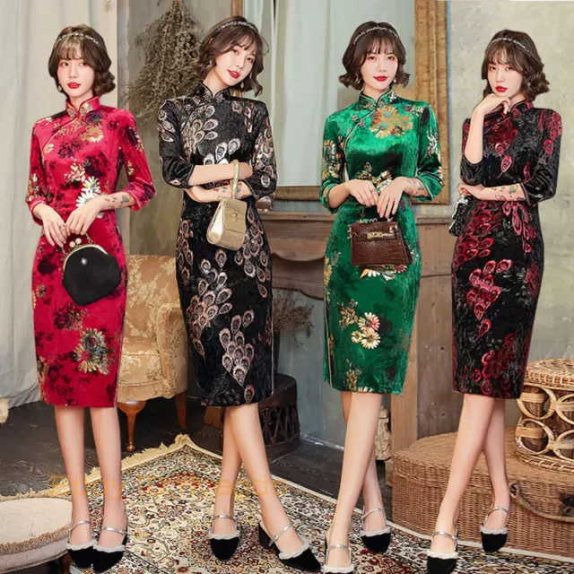 Womens Sexy Slim Fit Cheongsam Stand Collar Velvet Qipao Chinese Style Dress HOT