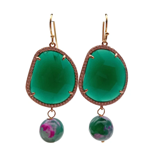 24x29mm Crystal Pave 12mm Round Agate  18K Gold Plated hook Earrings