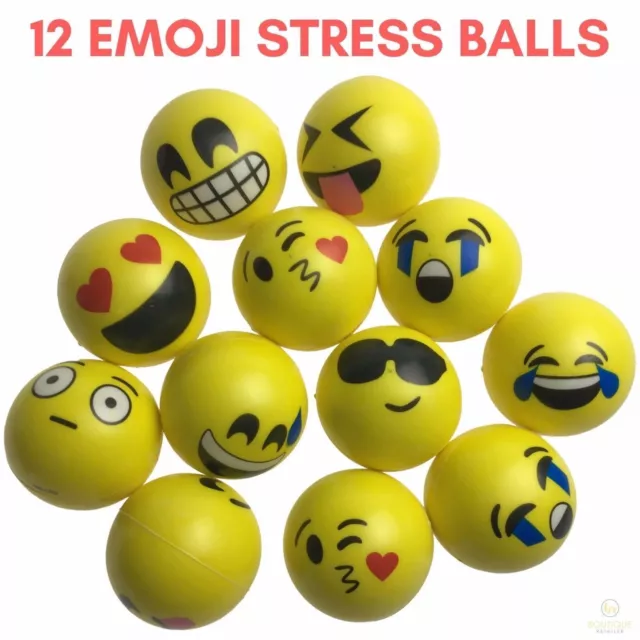 12 EMOJI FACE STRESS BALLS Hand Relief Squeeze Tension Reliever Soft Smiley 70mm