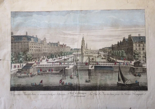 Grande Gravure Xviii Vue D'optique Couleur Amsterdam Bateau Architecture